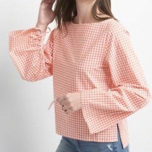 Gap Gingham Ruched Sleeve Top Orange Medium